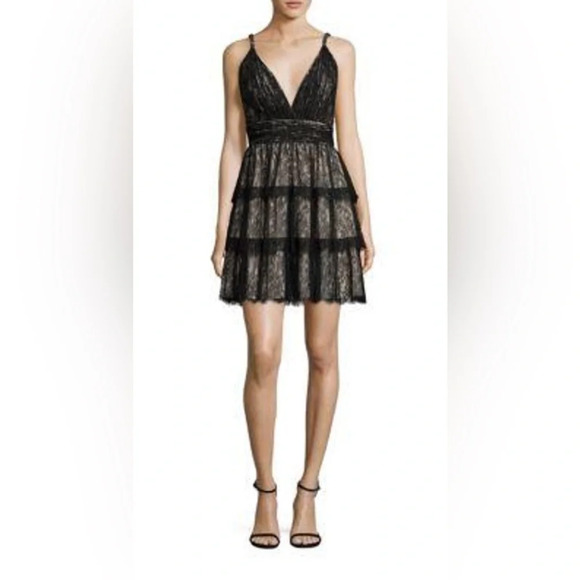 ALICE AND OLIVIA Tiered Lace Mini Dress, Black/tan - Picture 7 of 8
